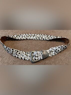 Vintage Sand Castle USA Studded Woven White Leather Belt with Metal Grommets